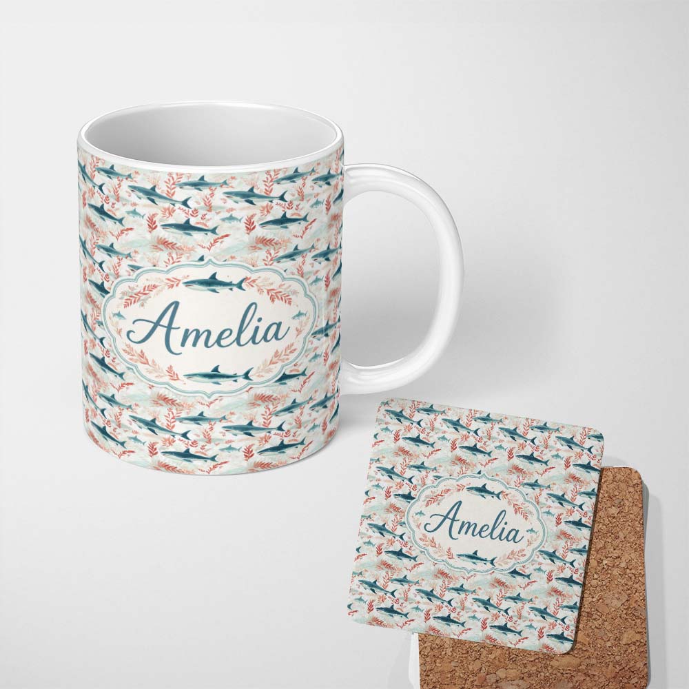 Personalized Custom Name Sharks Red Seaweed Ocean Seamless Pattern Name Cute Unique Gift 11oz Ceramic Coffee Tea Mug White Large Handle