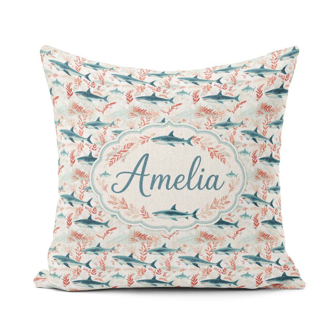 Custom Name Sharks Red Seaweed Ocean Seamless Pattern Name Cute Square Filled Cushion Throw Pillow Sofa Bed Home Decor Zip Washable UK Made
