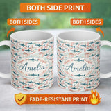 Personalized Custom Name Sharks Red Seaweed Ocean Seamless Pattern Name Cute Unique Gift 11oz Ceramic Coffee Tea Mug White Large Handle