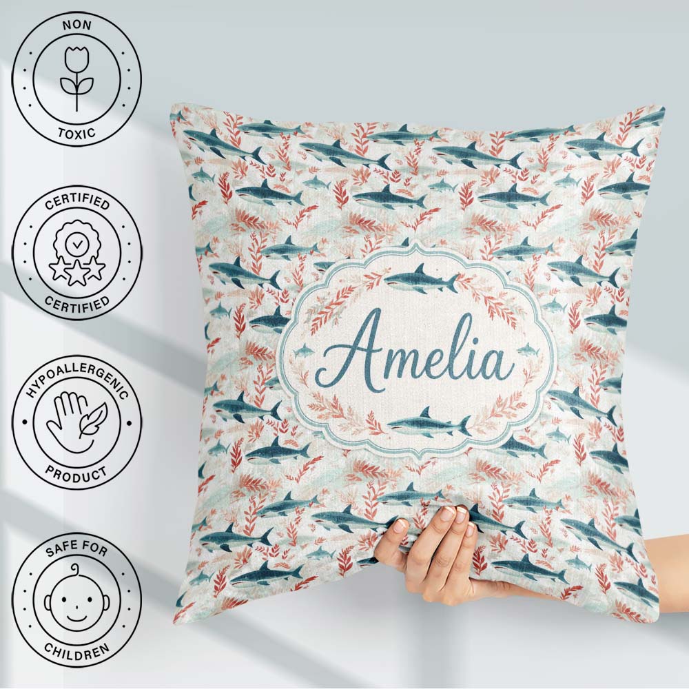 Custom Name Sharks Red Seaweed Ocean Seamless Pattern Name Cute Square Filled Cushion Throw Pillow Sofa Bed Home Decor Zip Washable UK Made