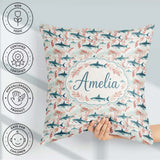 Custom Name Sharks Red Seaweed Ocean Seamless Pattern Name Cute Square Filled Cushion Throw Pillow Sofa Bed Home Decor Zip Washable UK Made