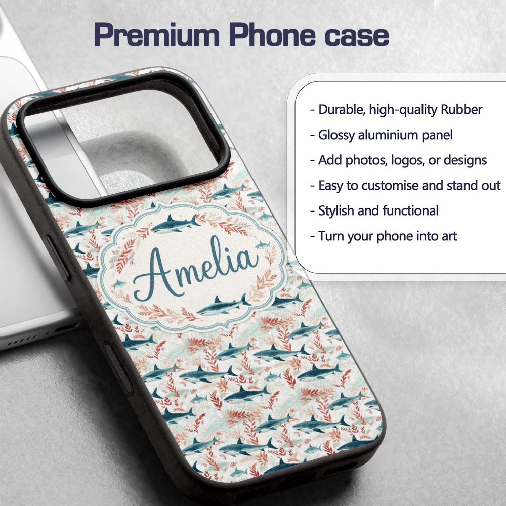 Sharks Red Seaweed Ocean Seamless Pattern Name Custom Name Protective Phone Case Mobile Cover Durable Everyday Smartphone Shock Resistant