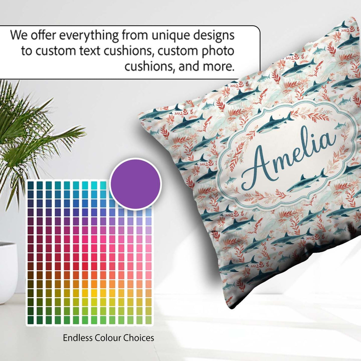Custom Name Sharks Red Seaweed Ocean Seamless Pattern Name Cute Square Filled Cushion Throw Pillow Sofa Bed Home Decor Zip Washable UK Made