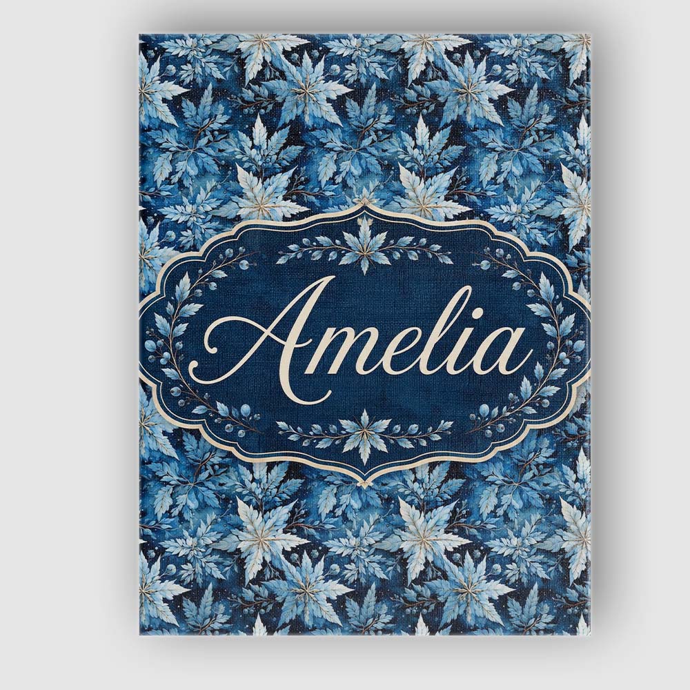 Personalised Name Blue Winter Leaves Custom Premium Decorative Design Modern Room Accent Canvas Wall Art Print Decor Picture Ready to Hang