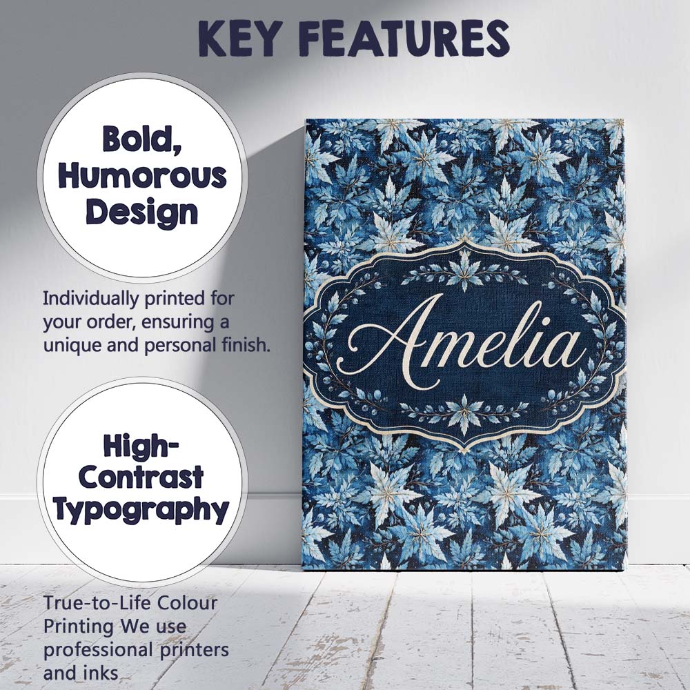 Personalised Name Blue Winter Leaves Custom Premium Decorative Design Modern Room Accent Canvas Wall Art Print Decor Picture Ready to Hang