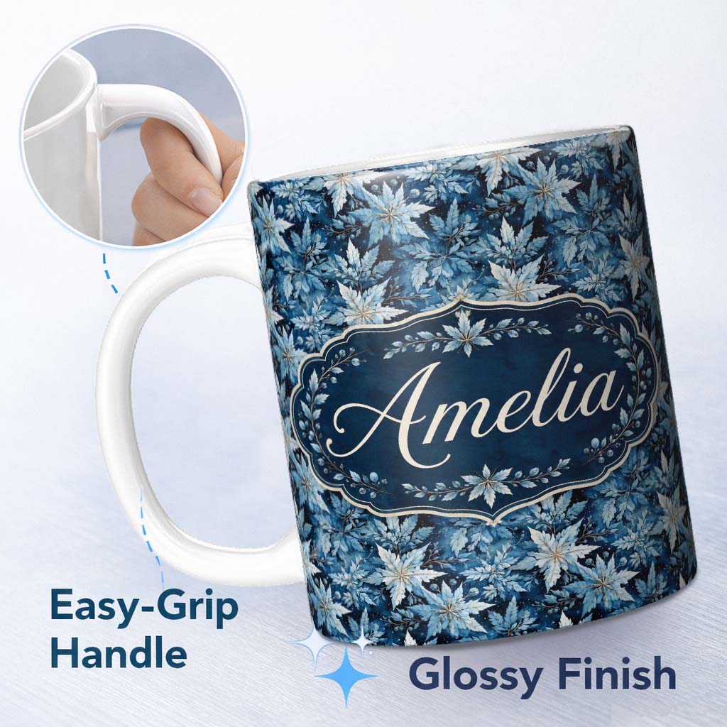 Personalized Custom Name Blue Winter Leaves Snowflake Seamless Pattern Custom Name Cute 11oz Ceramic Coffee Tea Mug White Large Handle