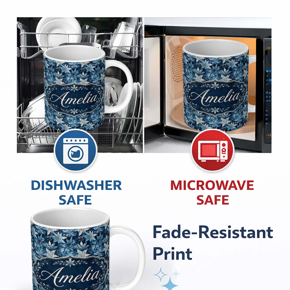 Personalized Custom Name Blue Winter Leaves Snowflake Seamless Pattern Custom Name Cute 11oz Ceramic Coffee Tea Mug White Large Handle