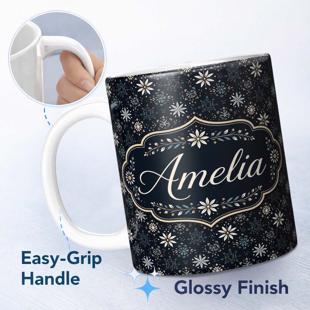 Personalized Custom Name Elegant White Floral Starburst Seamless Pattern Name Cute Unique 11oz Ceramic Coffee Tea Mug White Large Handle
