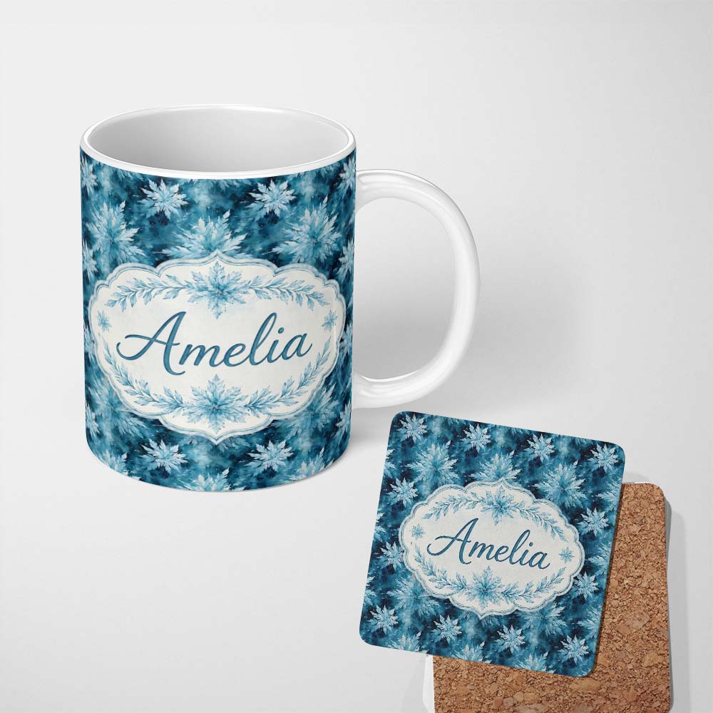 Personalized Custom Name Frosted Blue Leaves Winter Seamless Pattern Name Cute Unique Gift 11oz Ceramic Coffee Tea Mug White Large Handle