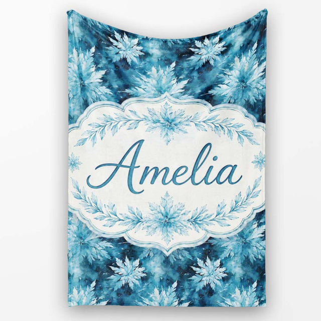 Frosted Blue Leaves Winter Seamless Pattern Name Cute Unique Gift  Personalised Custom Name Super Soft Fleece Blanket Bed Sofa Throw