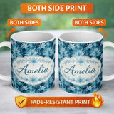 Personalized Custom Name Frosted Blue Leaves Winter Seamless Pattern Name Cute Unique Gift 11oz Ceramic Coffee Tea Mug White Large Handle