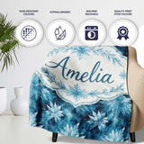 Frosted Blue Leaves Winter Seamless Pattern Name Cute Unique Gift  Personalised Custom Name Super Soft Fleece Blanket Bed Sofa Throw