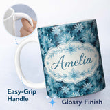 Personalized Custom Name Frosted Blue Leaves Winter Seamless Pattern Name Cute Unique Gift 11oz Ceramic Coffee Tea Mug White Large Handle
