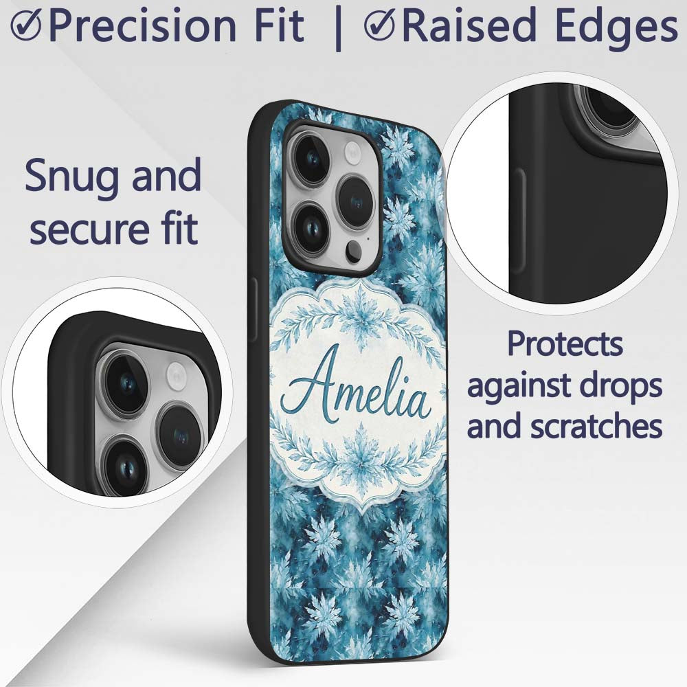 Frosted Blue Leaves Winter Seamless Pattern Name Custom Name Protective Phone Case Mobile Cover Durable Everyday Smartphone Shock Resistant