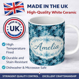 Personalized Custom Name Frosted Blue Leaves Winter Seamless Pattern Name Cute Unique Gift 11oz Ceramic Coffee Tea Mug White Large Handle