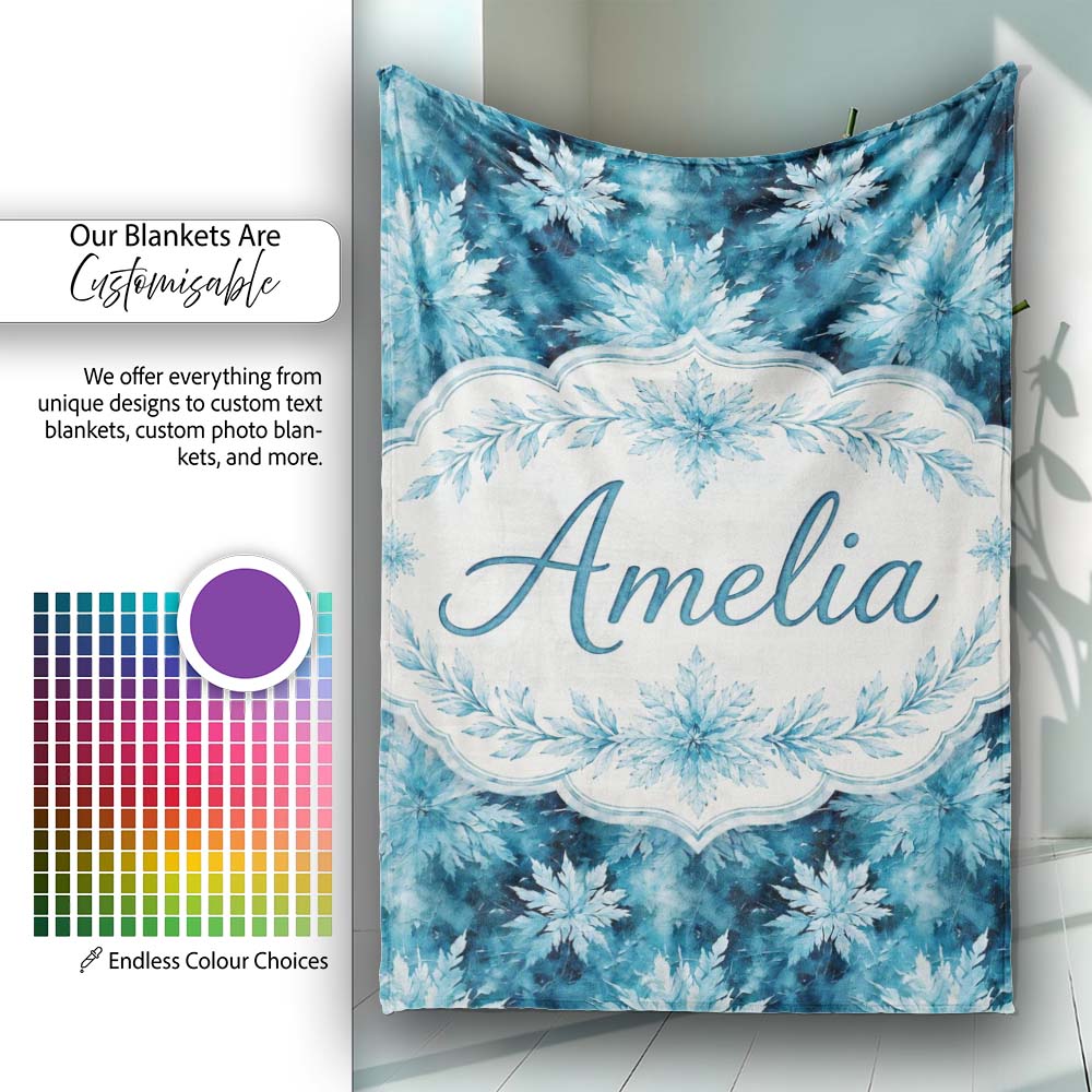 Frosted Blue Leaves Winter Seamless Pattern Name Cute Unique Gift  Personalised Custom Name Super Soft Fleece Blanket Bed Sofa Throw