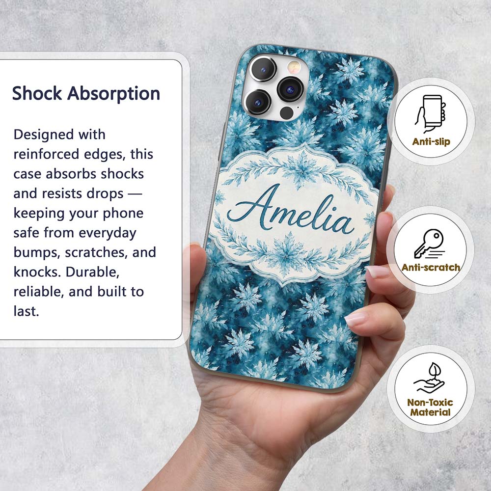 Frosted Blue Leaves Winter Seamless Pattern Name Custom Name Protective Phone Case Mobile Cover Durable Everyday Smartphone Shock Resistant