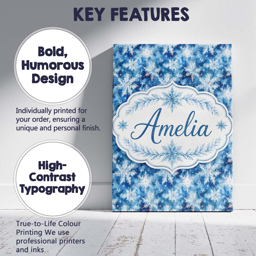 Personalised Name Snowflake Winter Blue Sky Custom  Bespoke Interior Contemporary Canvas Wall Art Print Decor Picture Ready to Hang