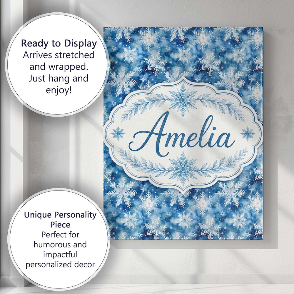 Personalised Name Snowflake Winter Blue Sky Custom  Bespoke Interior Contemporary Canvas Wall Art Print Decor Picture Ready to Hang