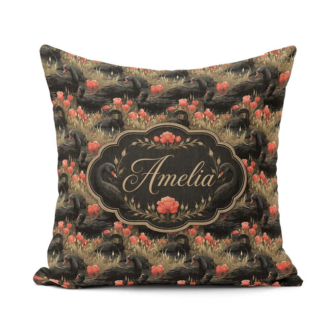 Custom Name Black Swan Red Flowers Nature Seamless Pattern Name Square Filled Cushion Throw Pillow Sofa Bed Home Decor Zip Washable UK Made