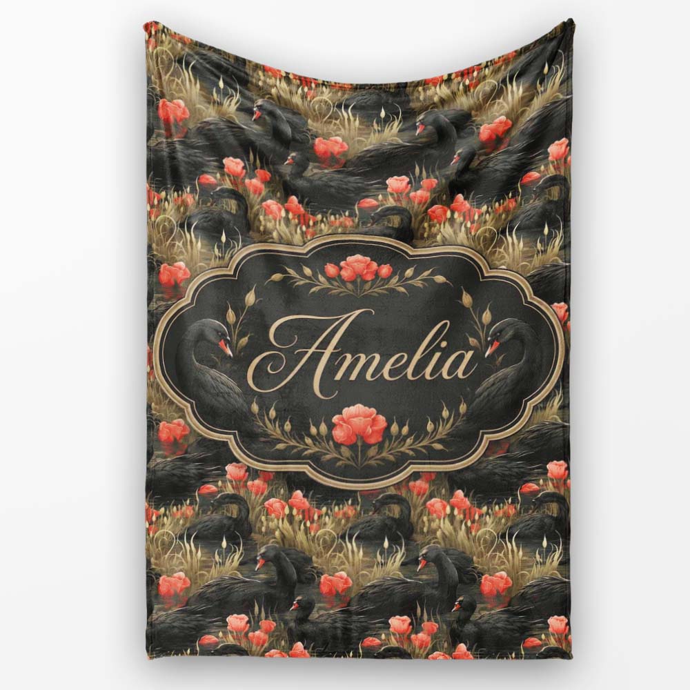 Black Swan Red Flowers Nature Seamless Pattern Name Cute Unique Gift  Personalised Custom Name Super Soft Fleece Blanket Bed Sofa Throw