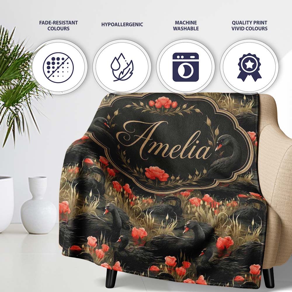 Black Swan Red Flowers Nature Seamless Pattern Name Cute Unique Gift  Personalised Custom Name Super Soft Fleece Blanket Bed Sofa Throw