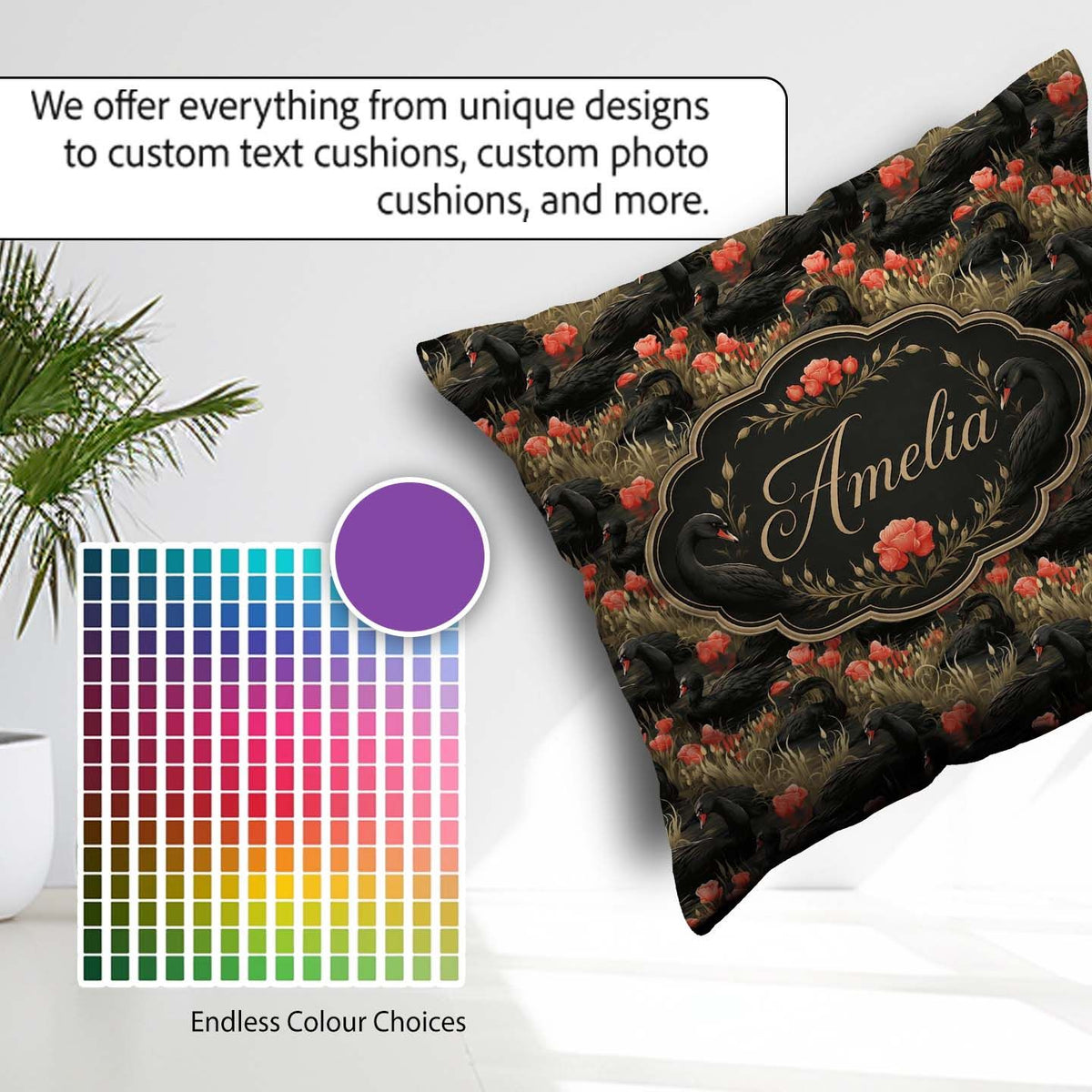 Custom Name Black Swan Red Flowers Nature Seamless Pattern Name Square Filled Cushion Throw Pillow Sofa Bed Home Decor Zip Washable UK Made