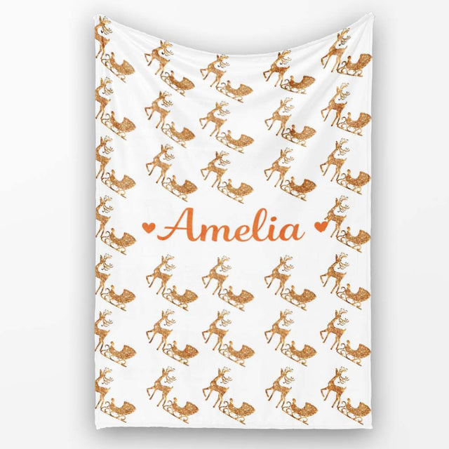 Gold Glitter Reindeer Sleigh Christmas White Background Seamless  Personalised Custom Name Super Soft Fleece Blanket Bed Sofa Throw