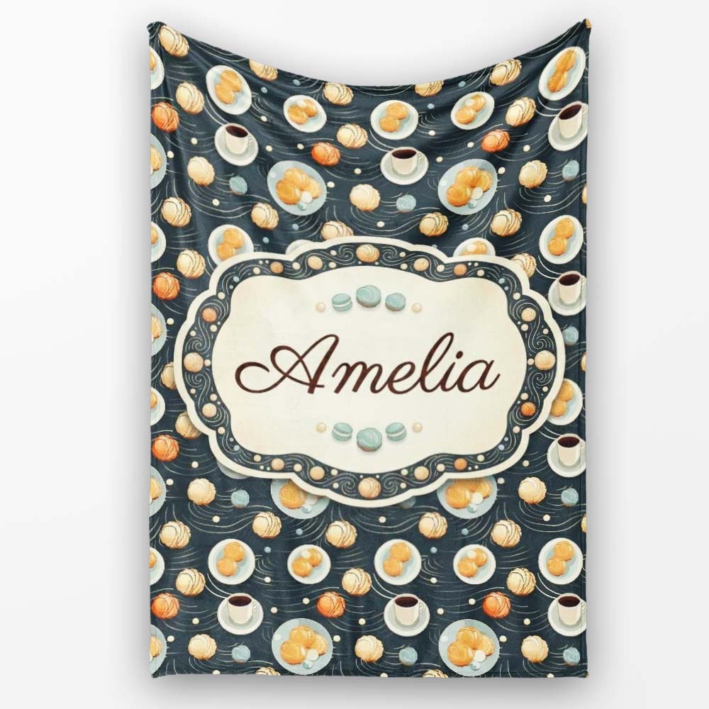 Elegant Pastry Coffee and Dessert Plate Dark Background Seamless  Personalised Custom Name Super Soft Fleece Blanket Bed Sofa Throw