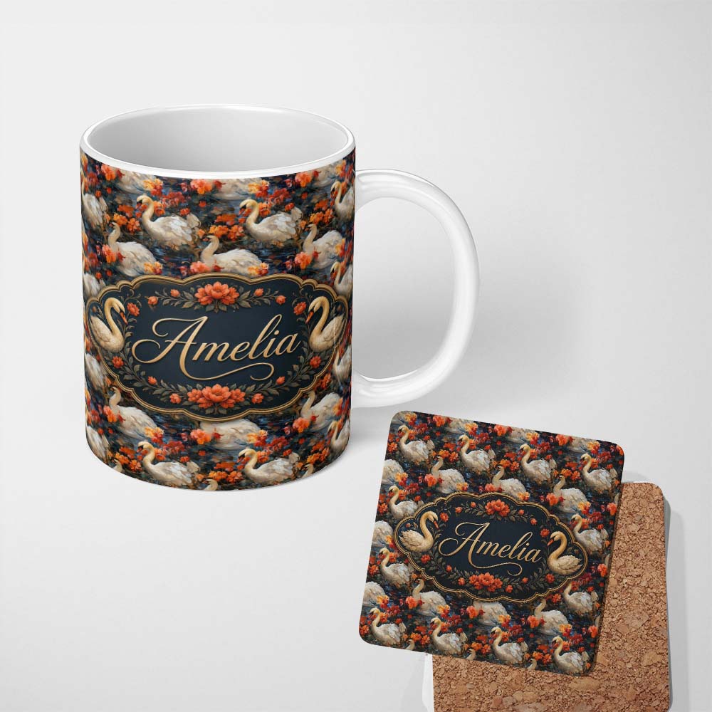 Personalized Custom Name Elegant White Swan with Red Floral Garden Seamless Pattern Name Cute 11oz Ceramic Coffee Tea Mug White Large Handle