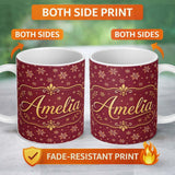 Personalized Custom Name Red Gold Snowflake Star Seamless Pattern Design Classic Christmas 11oz Ceramic Coffee Tea Mug White Large Handle