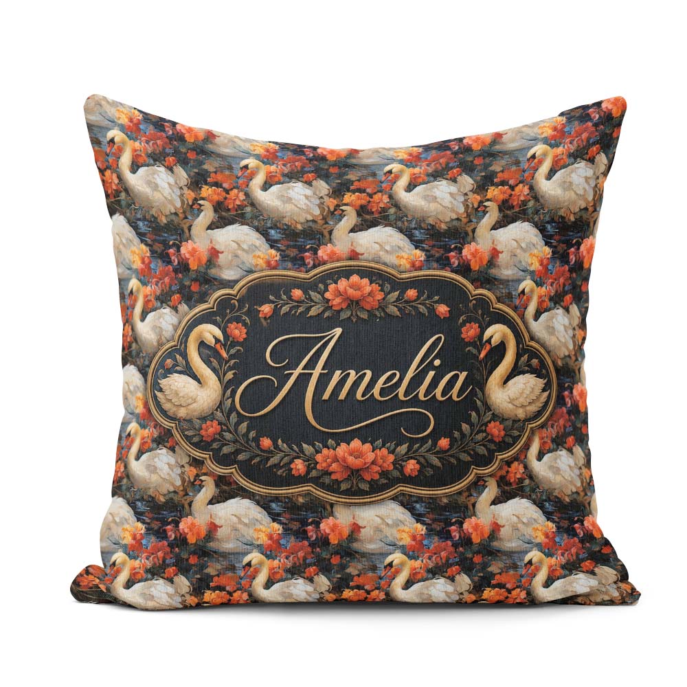 Custom Name White Swan with Red Floral Garden Seamless Name Cute Square Filled Cushion Throw Pillow Sofa Bed Home Decor Zip Washable UK Made