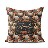 Custom Name White Swan with Red Floral Garden Seamless Name Cute Square Filled Cushion Throw Pillow Sofa Bed Home Decor Zip Washable UK Made