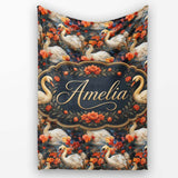 Elegant White Swan with Red Floral Garden Seamless Pattern Name Cute  Personalised Custom Name Super Soft Fleece Blanket Bed Sofa Throw