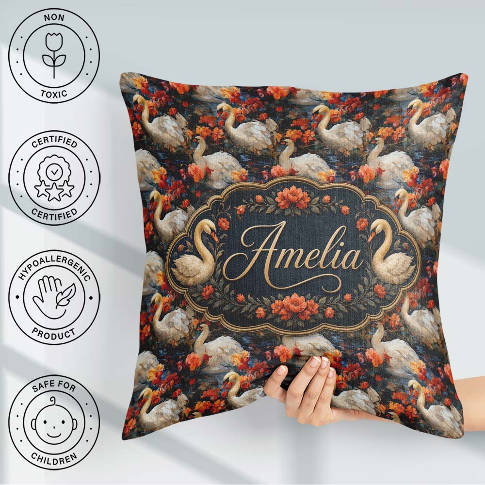 Custom Name White Swan with Red Floral Garden Seamless Name Cute Square Filled Cushion Throw Pillow Sofa Bed Home Decor Zip Washable UK Made