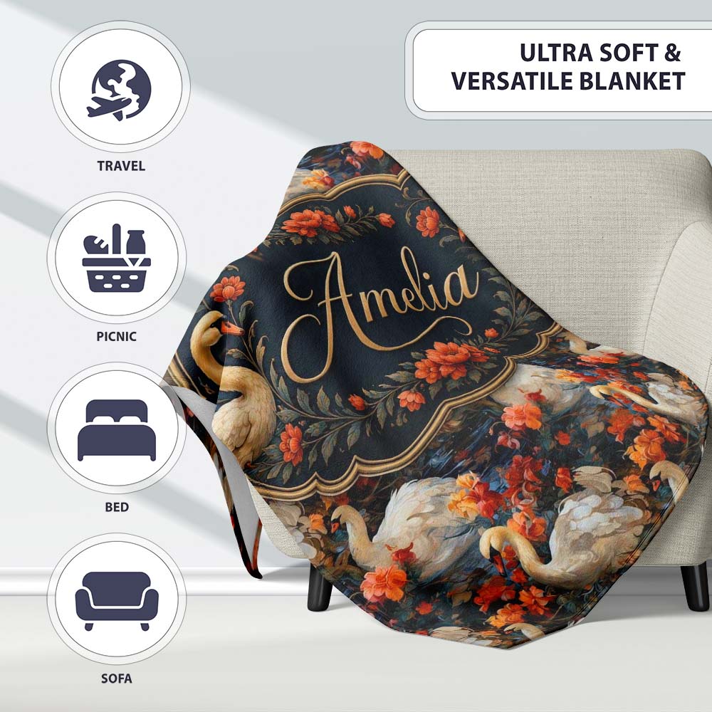 Elegant White Swan with Red Floral Garden Seamless Pattern Name Cute  Personalised Custom Name Super Soft Fleece Blanket Bed Sofa Throw