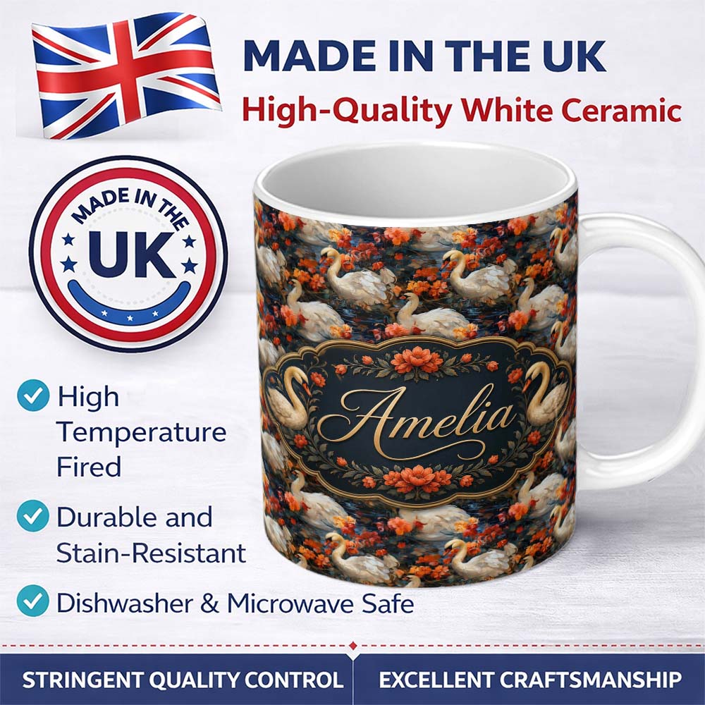 Personalized Custom Name Elegant White Swan with Red Floral Garden Seamless Pattern Name Cute 11oz Ceramic Coffee Tea Mug White Large Handle