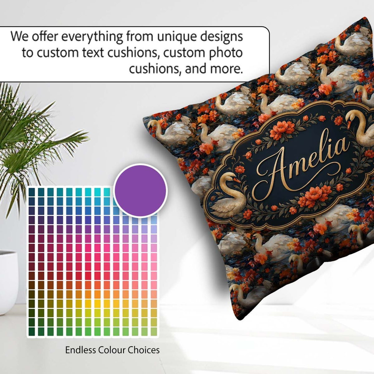 Custom Name White Swan with Red Floral Garden Seamless Name Cute Square Filled Cushion Throw Pillow Sofa Bed Home Decor Zip Washable UK Made