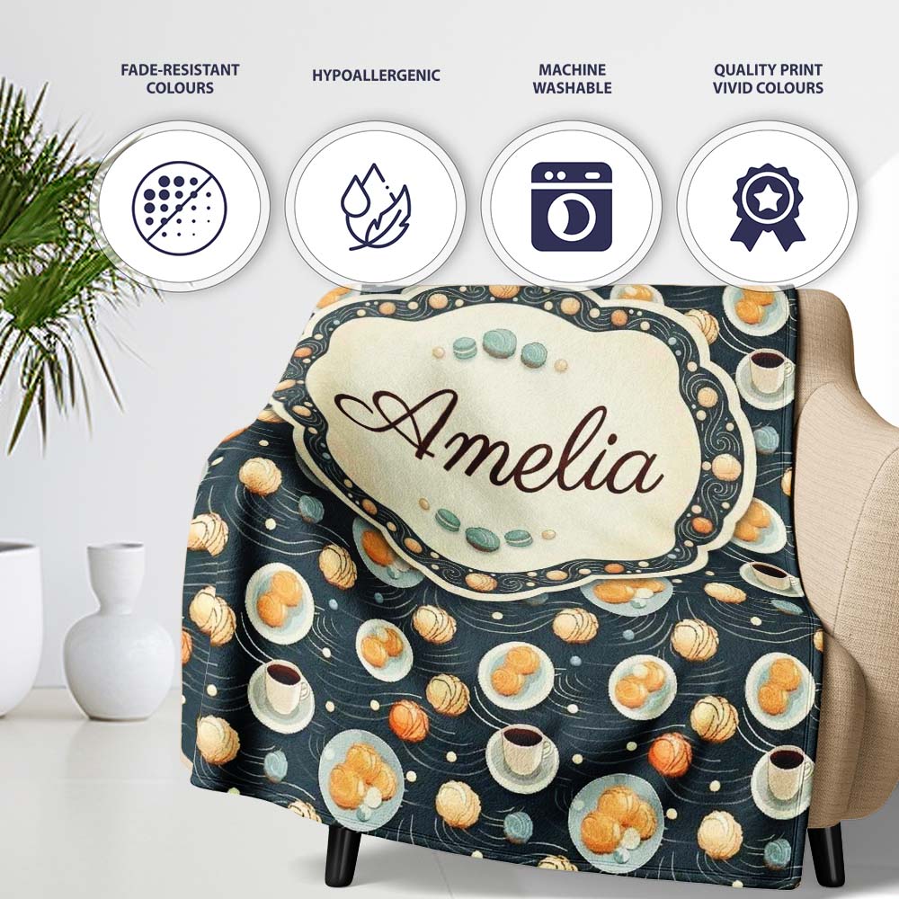 Elegant Pastry Coffee and Dessert Plate Dark Background Seamless  Personalised Custom Name Super Soft Fleece Blanket Bed Sofa Throw