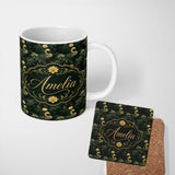 Personalized Custom Name Golden Swan Dark Leaves Floral Night Seamless Pattern Name Cute 11oz Ceramic Coffee Tea Mug White Large Handle