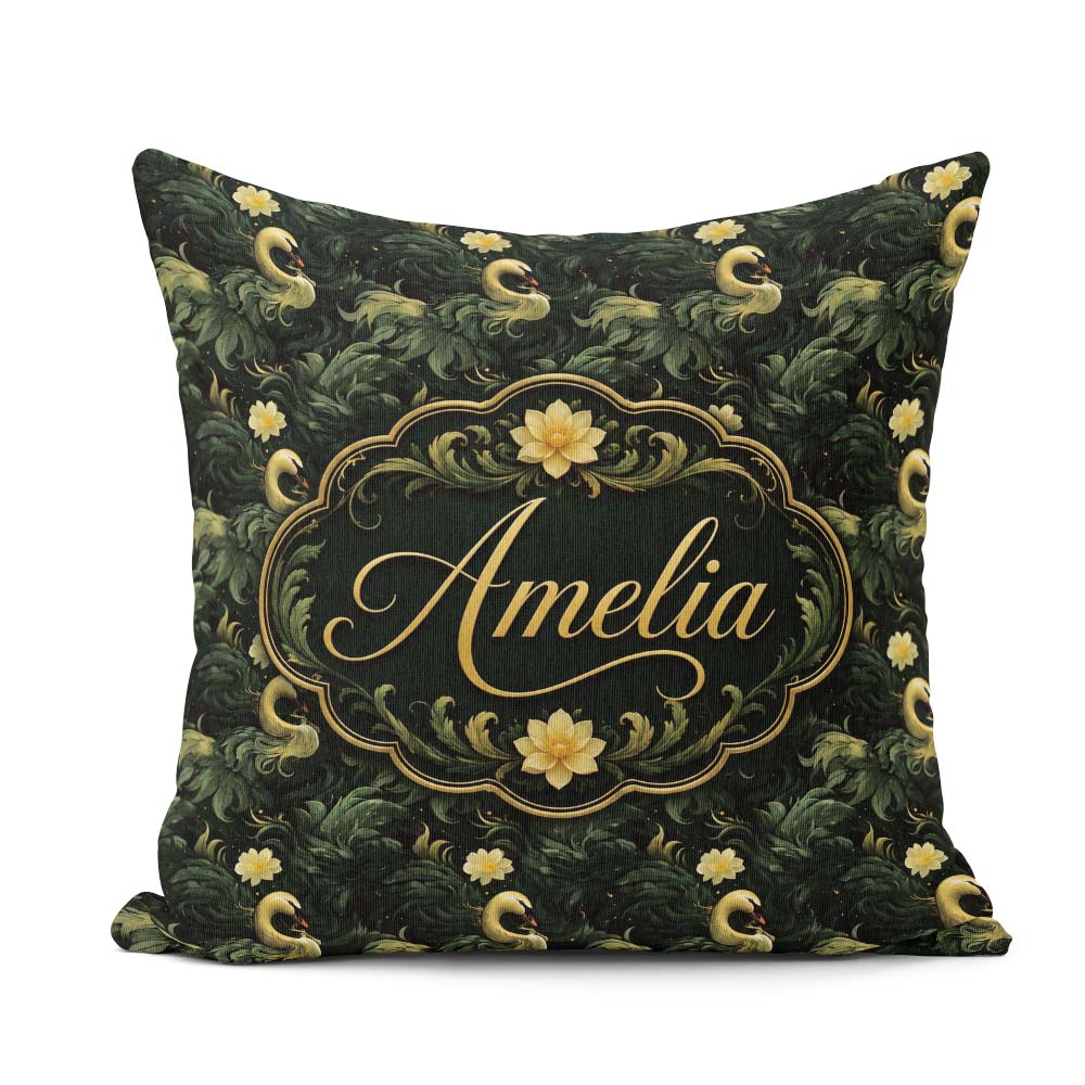 Custom Name Golden Swan Dark Leaves Floral Seamless Pattern Name Square Filled Cushion Throw Pillow Sofa Bed Home Decor Zip Washable UK Made