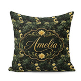 Custom Name Golden Swan Dark Leaves Floral Seamless Pattern Name Square Filled Cushion Throw Pillow Sofa Bed Home Decor Zip Washable UK Made