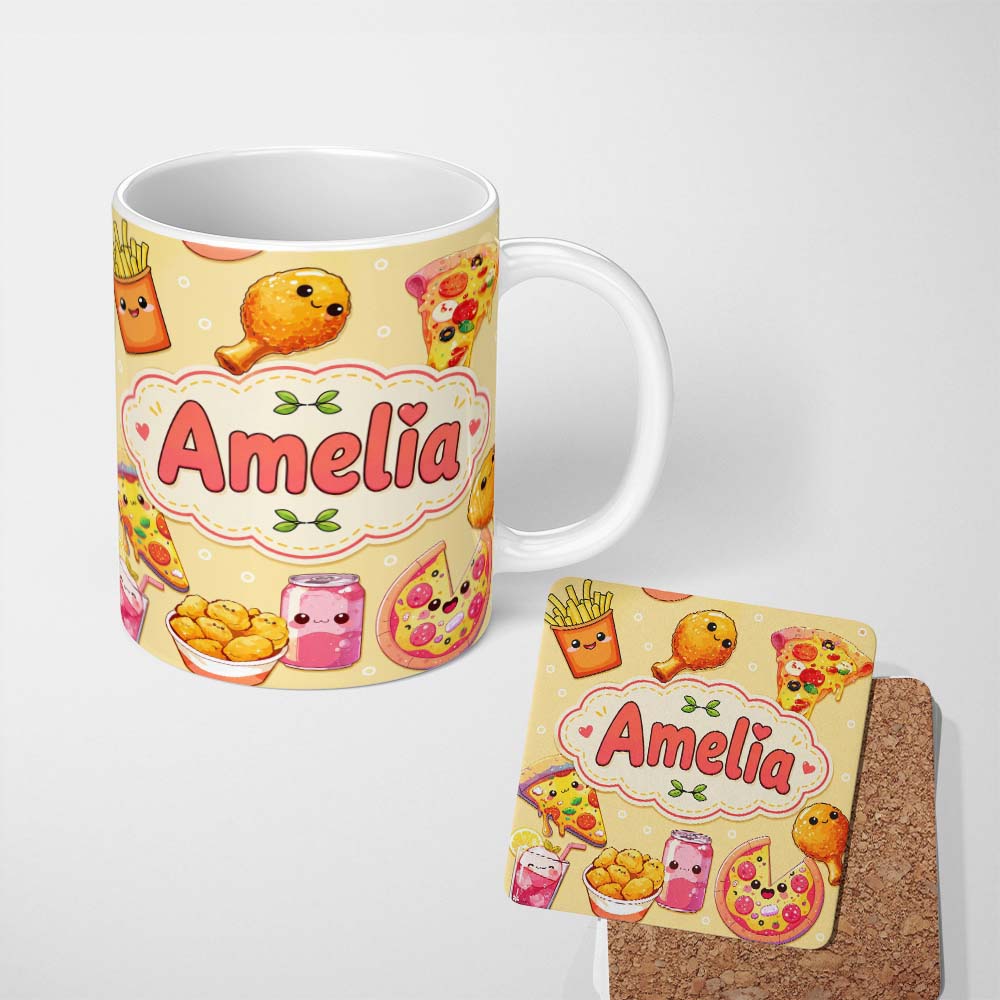 Personalized Custom Name Cute Kawaii Fast Food Pizza Chicken Soda Yellow Background Seamless 11oz Ceramic Coffee Tea Mug White Large Handle