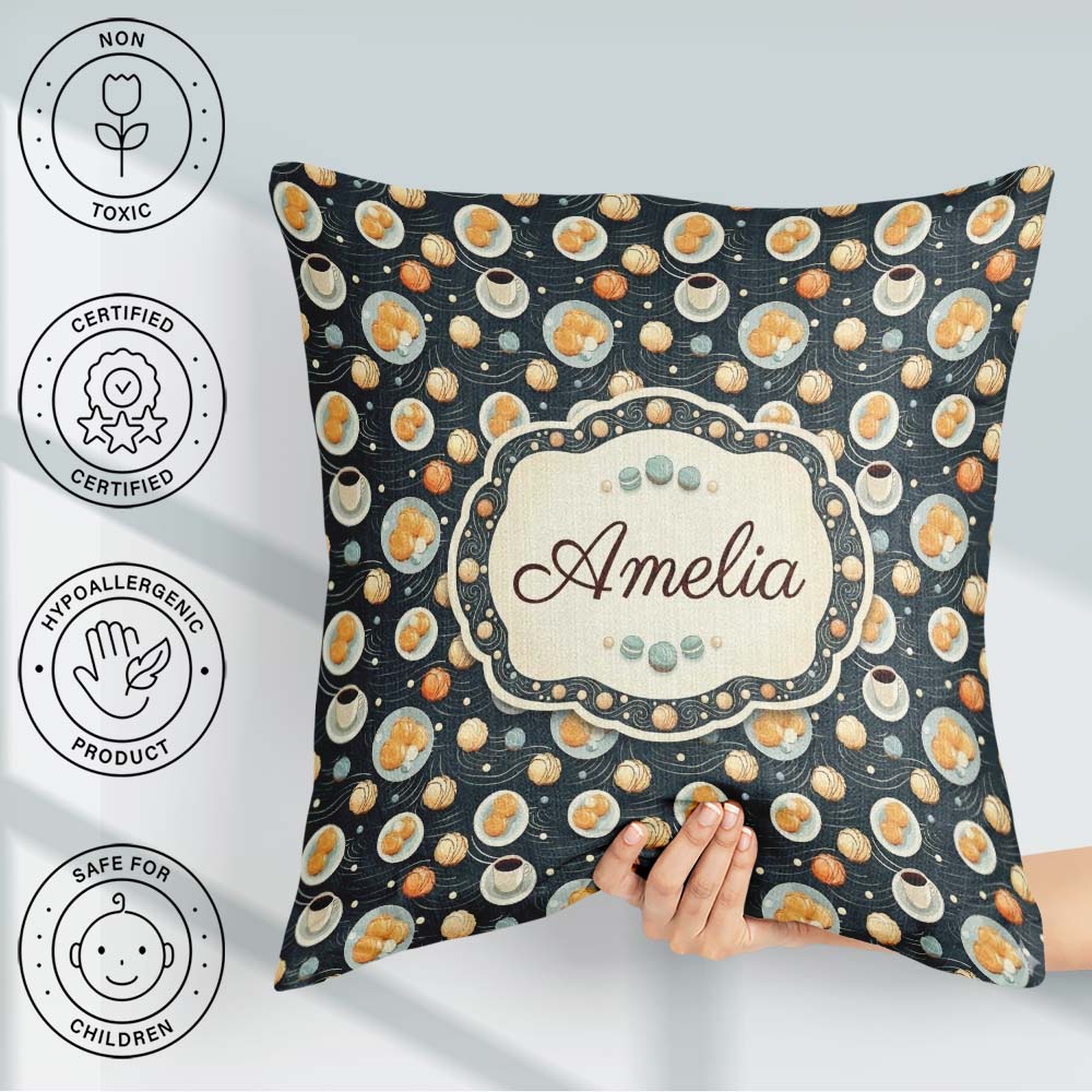 Custom Name Elegant Pastry and Dessert Plate Background Seamless Square Filled Cushion Throw Pillow Sofa Bed Home Decor Zip Washable UK Made