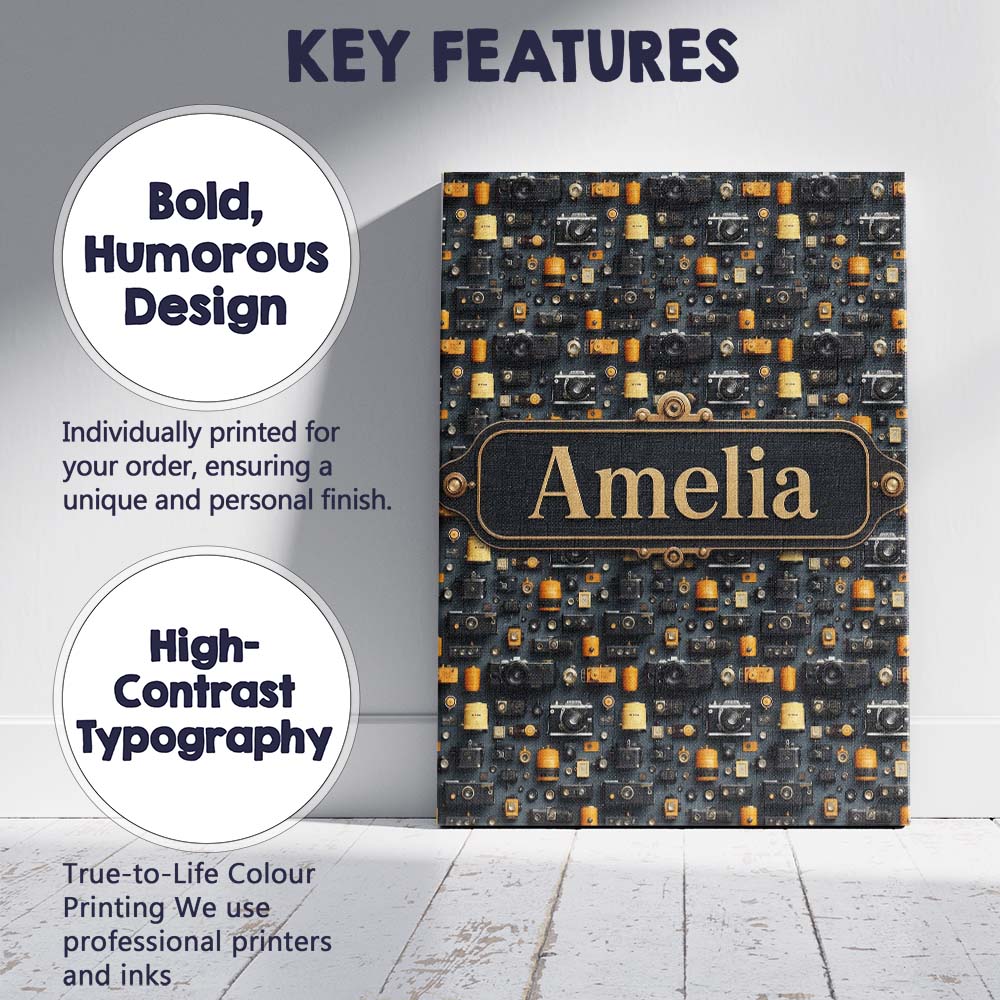 Personalised Name Classic Camera and Film Custom  Unique Gift Idea Elegant Feature Canvas Wall Art Print Decor Picture Ready to Hang
