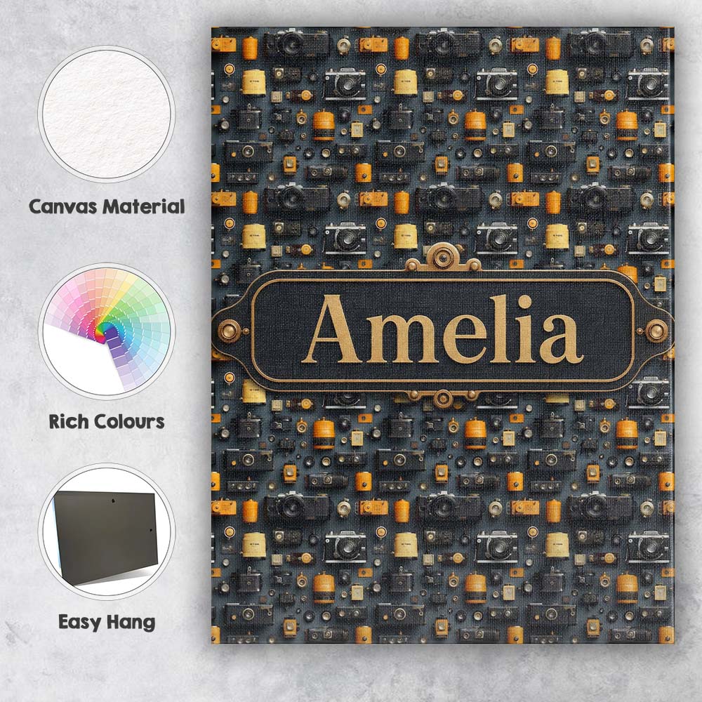 Personalised Name Classic Camera and Film Custom  Unique Gift Idea Elegant Feature Canvas Wall Art Print Decor Picture Ready to Hang