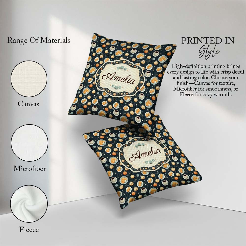 Custom Name Elegant Pastry and Dessert Plate Background Seamless Square Filled Cushion Throw Pillow Sofa Bed Home Decor Zip Washable UK Made