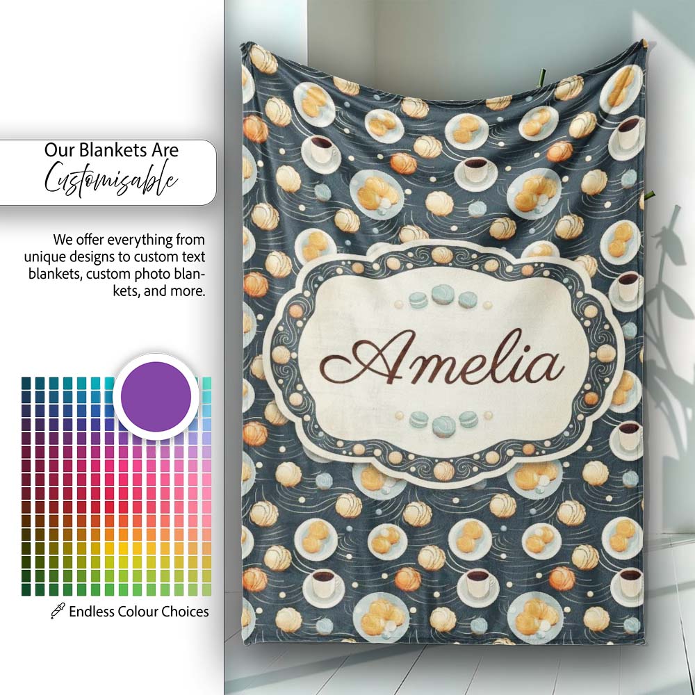 Elegant Pastry Coffee and Dessert Plate Dark Background Seamless  Personalised Custom Name Super Soft Fleece Blanket Bed Sofa Throw