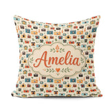 Custom Name Colorful Cameras with Leaves Seamless Pattern Cute Square Filled Cushion Throw Pillow Sofa Bed Home Decor Zip Washable UK Made