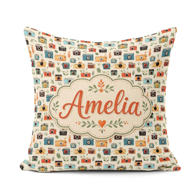 Custom Name Colorful Cameras with Leaves Seamless Pattern Cute Square Filled Cushion Throw Pillow Sofa Bed Home Decor Zip Washable UK Made